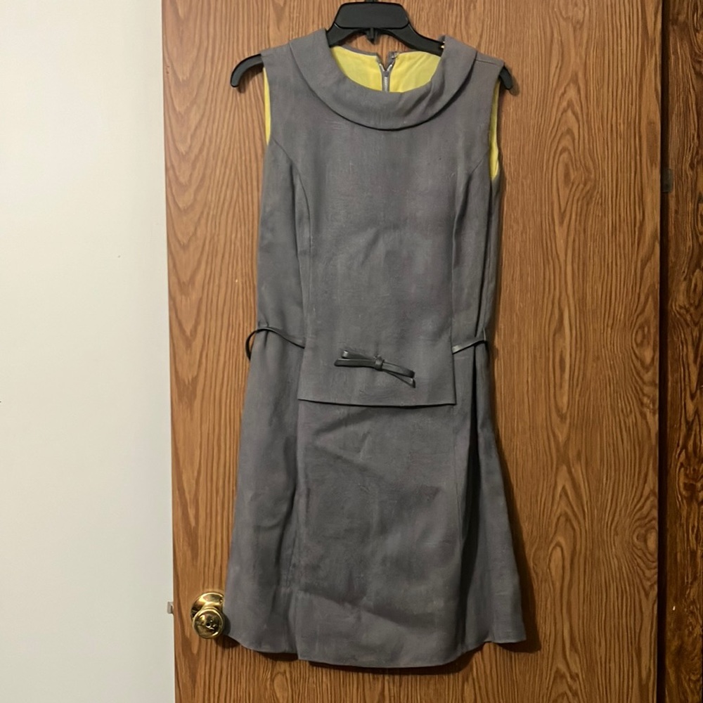 Vintage 1960s Gray & Yellow Cotton Dress with Vinyl Bow Belt Accent Size 14